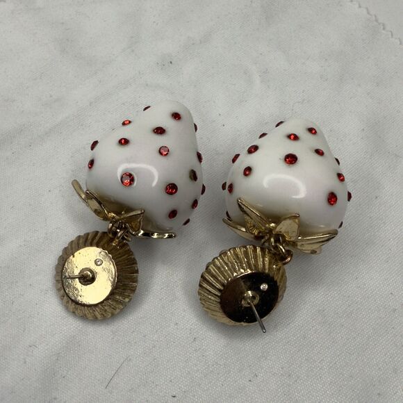 Betsey Johnson White Resin Strawberry Drop Earrings Red Crystal & Faux Pearl NWT - Picture 4 of 5